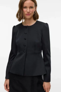 Blazer feminino de cetim com mangas bufantes