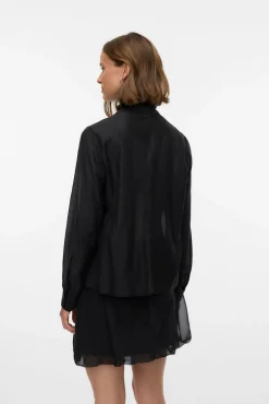 Blusa feminina de manga comprida com laço no gola