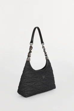 Bolsa hobo acolchoada com alça de pele e corrente