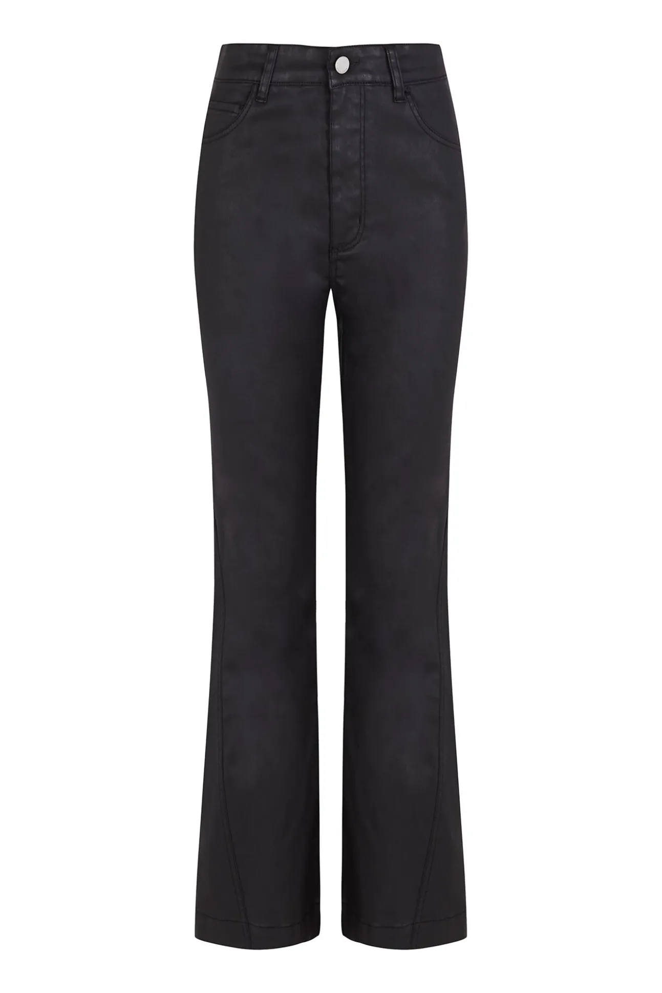 Calça jeans básica cropped flare com efeito couro