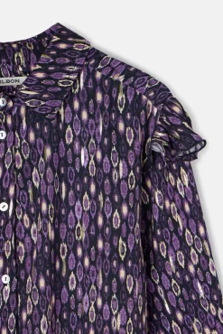 Camisa com babados e estampado Ikat no ombro