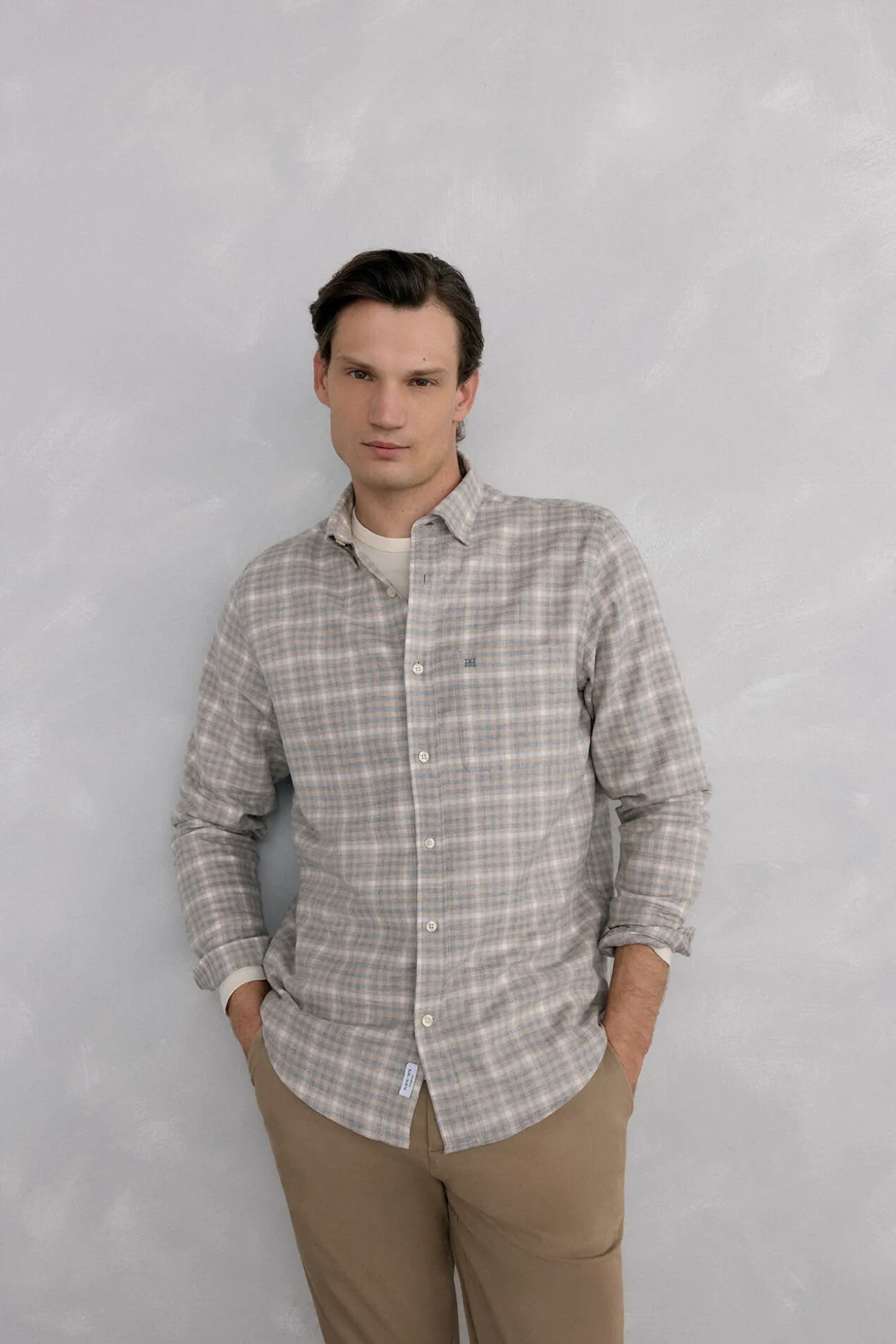 Camisa de flanela aos quadrados tecido italiano