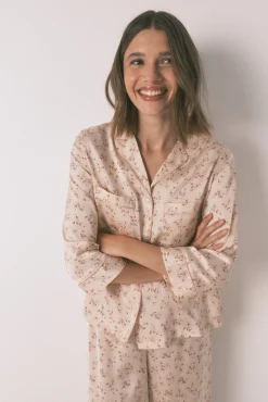 Camisa de pijama longa de cetim rosa
