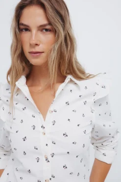 Camisa de veludo cotelê com babados nos ombros
