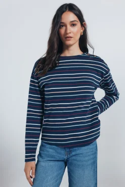 Camisa riscas com botões e ombros à mostra