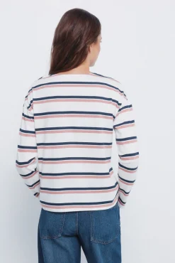 Camisa riscas com botões e ombros à mostra