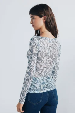 Camiseta de chiffon com decote franzido estampado