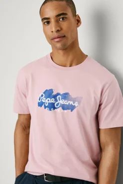 Camiseta de manga curta com logo e estampado frontal.
