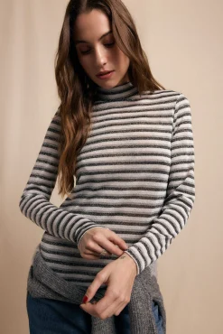 Camiseta riscas de lurex com gola alta