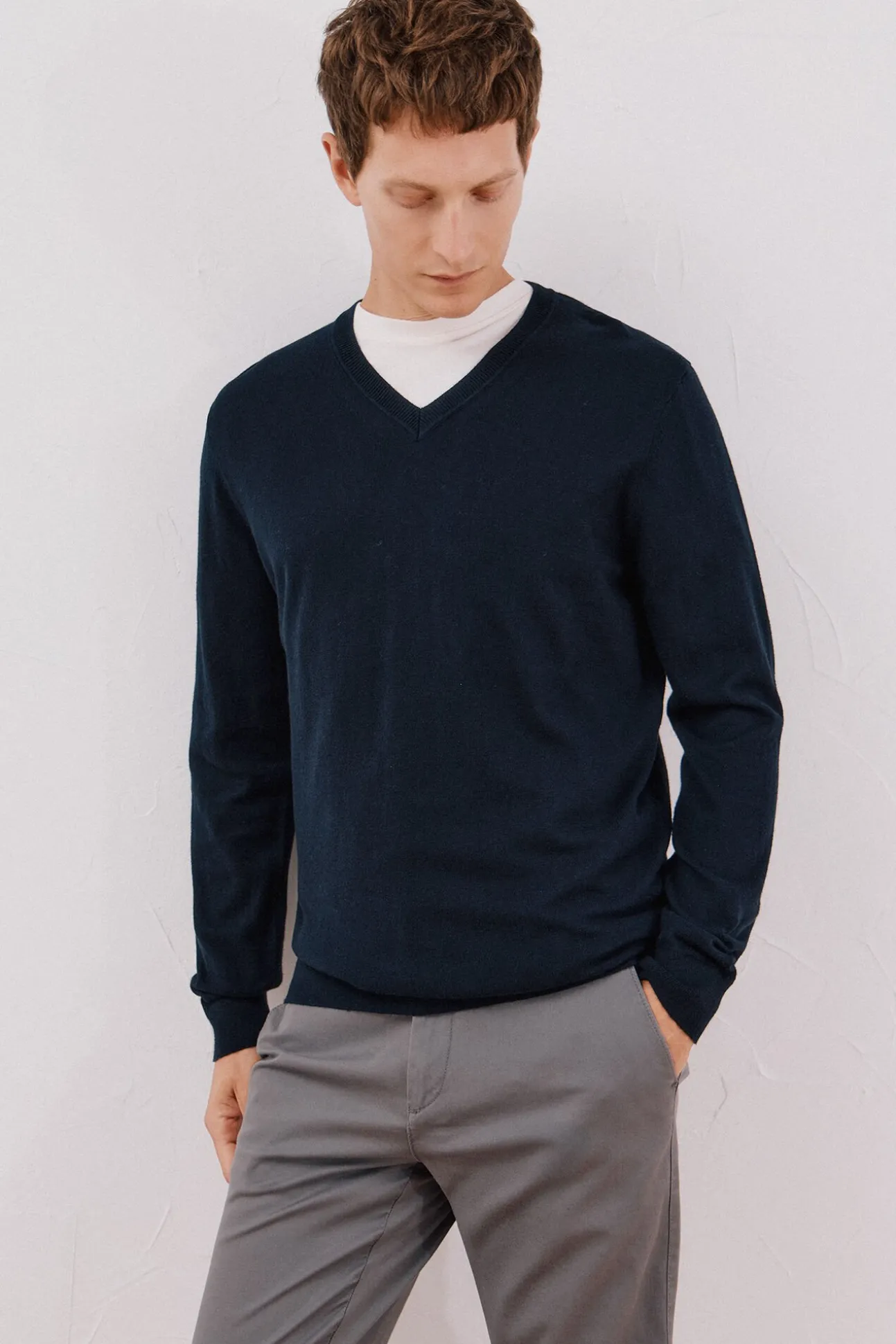 Camisola algodão caxemira gola em bico