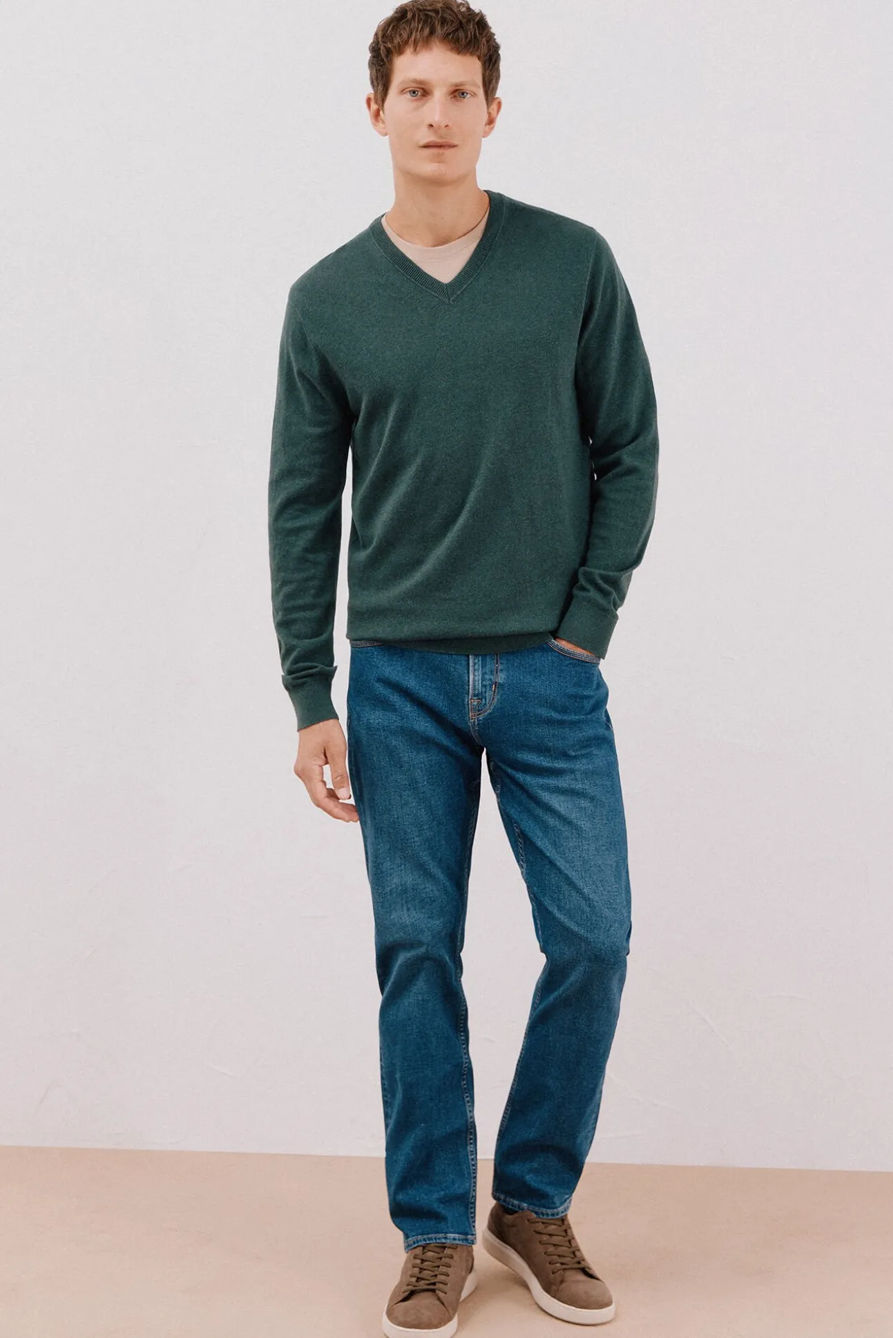 Camisola algodão caxemira gola em bico