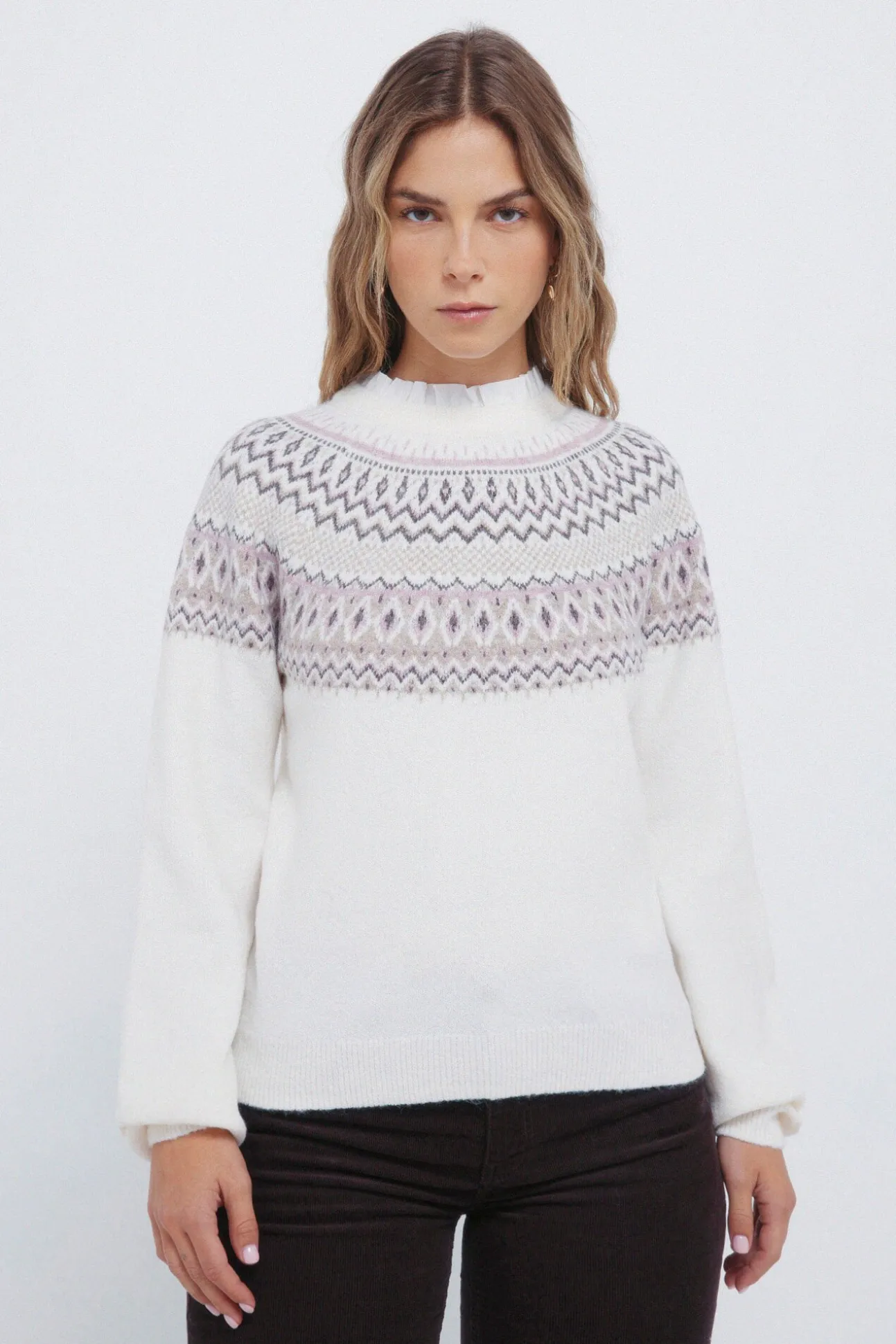 Camisola com borda jacquard e gola combinada