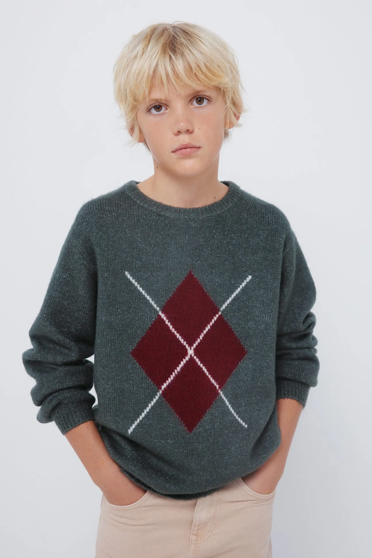 Camisola cáqui com estampa de diamantes para meninos