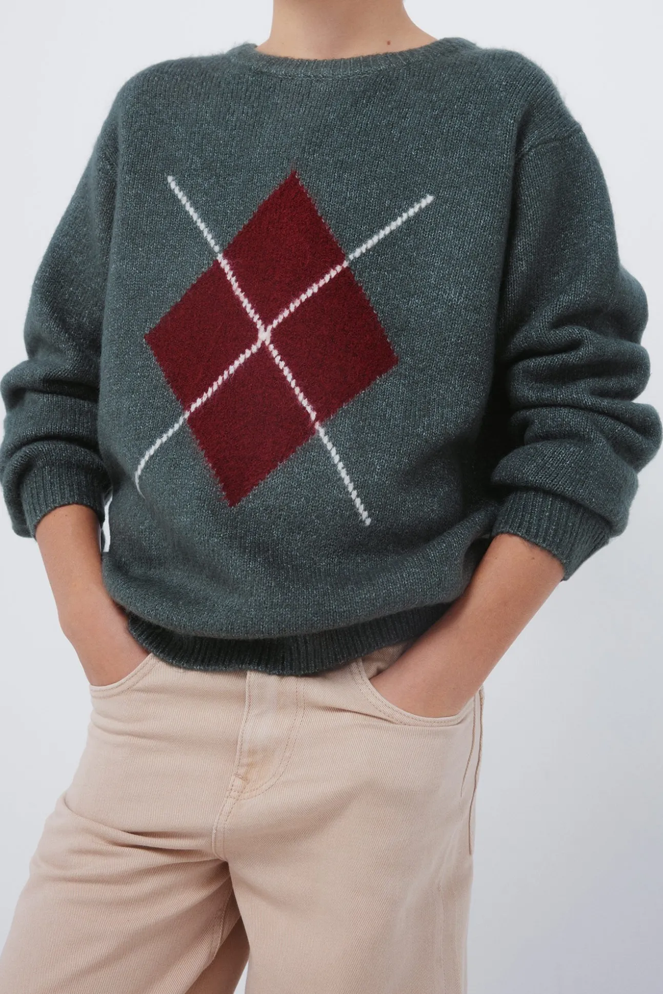 Camisola cáqui com estampa de diamantes para meninos
