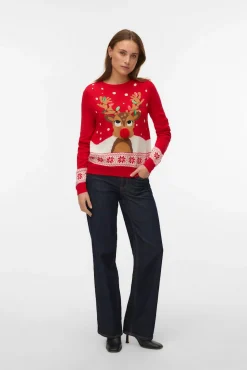 Camisola feminino com estampado de Natal e gola redonda