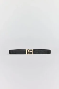 Cinto de pele com pelo preto e fivela de logo