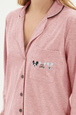 Conjunto de pijama camiseiro com bolso e debrum de algodão rosa