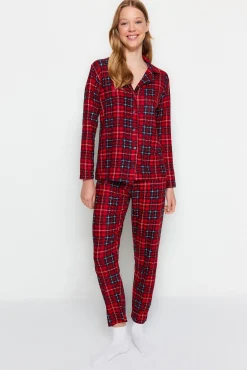 Conjunto de pijama camiseiro xadrez vermelho macio ao toque