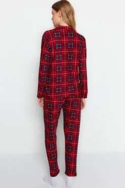 Conjunto de pijama camiseiro xadrez vermelho macio ao toque