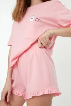 Conjunto de pijama curto de algodão rosa com babados