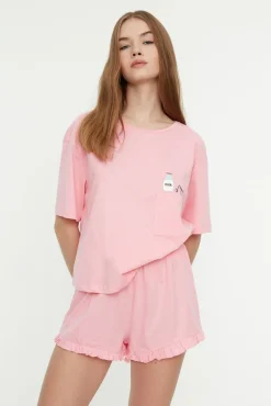 Conjunto de pijama curto de algodão rosa com babados