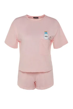 Conjunto de pijama curto de algodão rosa com babados