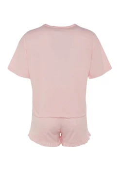 Conjunto de pijama curto de algodão rosa com babados