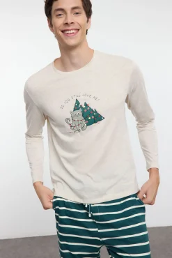 Conjunto de pijama de casal bege de Natal com riscas, corte regular