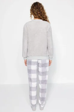 Conjunto de pijama de inverno xadrez cinza com estampado de lhama