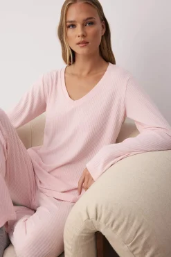 Conjunto de pijama de inverno em malha com gola em V rosa