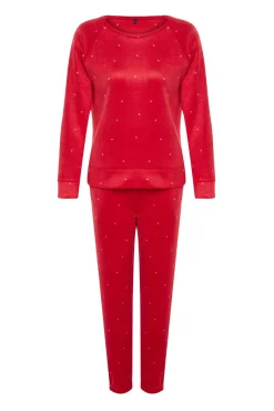 Conjunto de pijama de inverno de bolinhas com bolinhas vermelhas