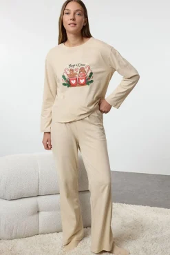 Conjunto de pijama de inverno feminino, bege, para casal ou casal