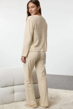 Conjunto de pijama de inverno feminino, bege, para casal ou casal