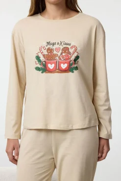 Conjunto de pijama de inverno feminino, bege, para casal ou casal