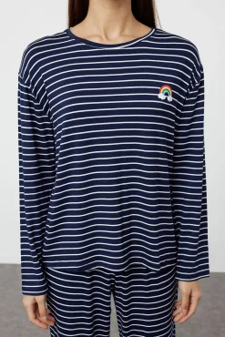 Conjunto de pijama de viscose riscas azul marinho