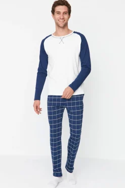 Conjunto de pijama xadrez regular fit azul marinho