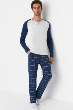 Conjunto de pijama xadrez regular fit azul marinho