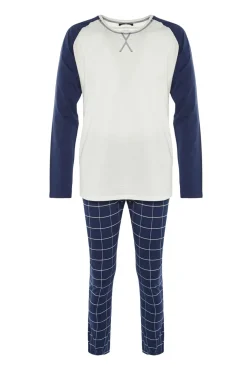 Conjunto de pijama xadrez regular fit azul marinho