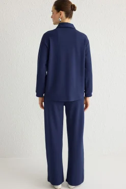 Conjunto de top e calça gola polo azul