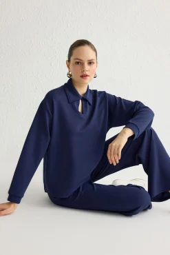 Conjunto de top e calça gola polo azul