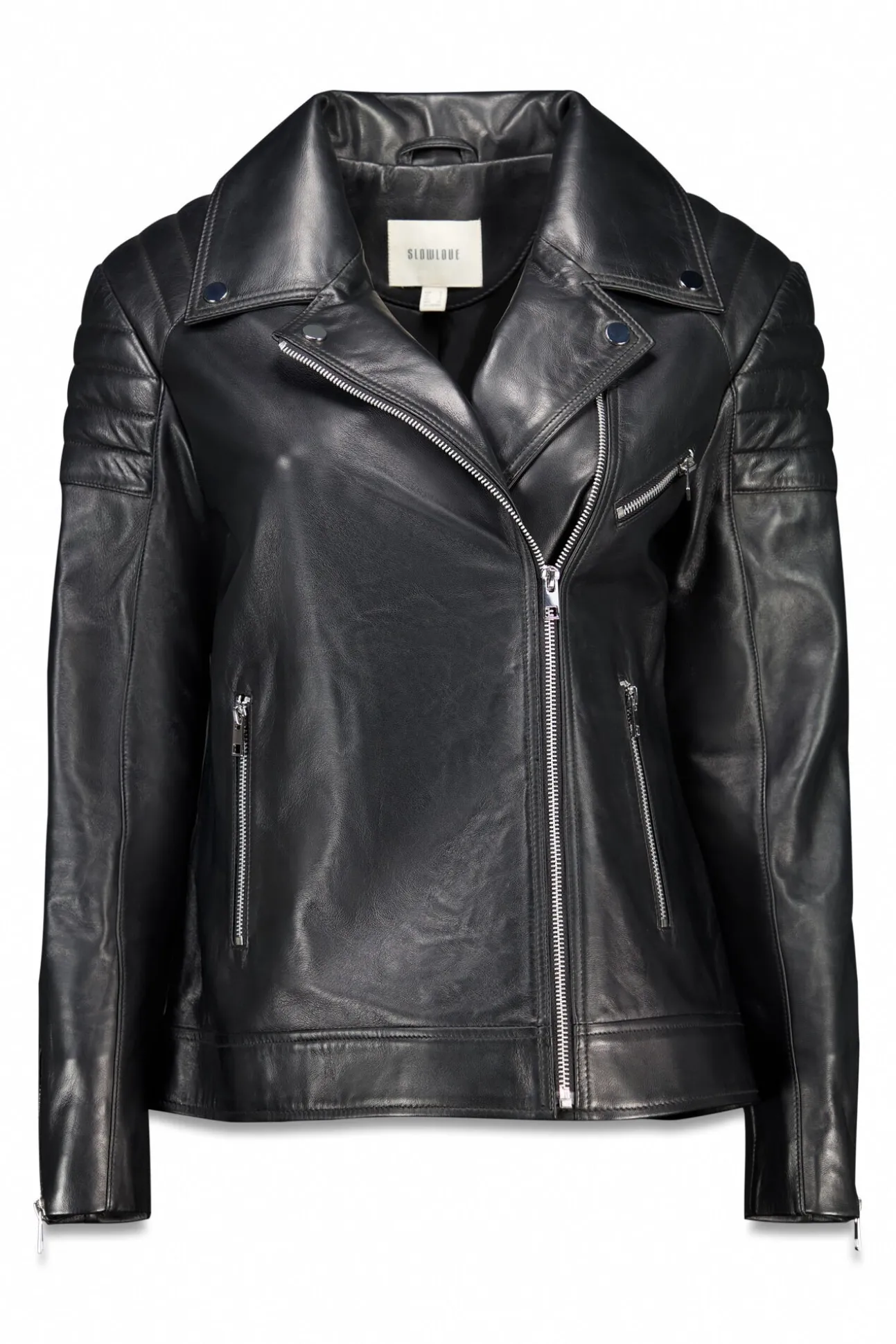 Jaqueta biker em napa com acolchoamento nos ombros