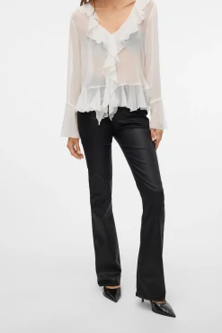 Jeans largos femininos com efeito polipele