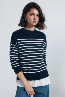 Jersey riscas combinado com bordado