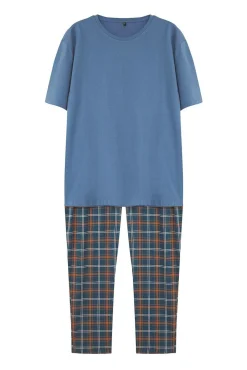 Malha de pijama de malha xadrez azul marinho com corte regular
