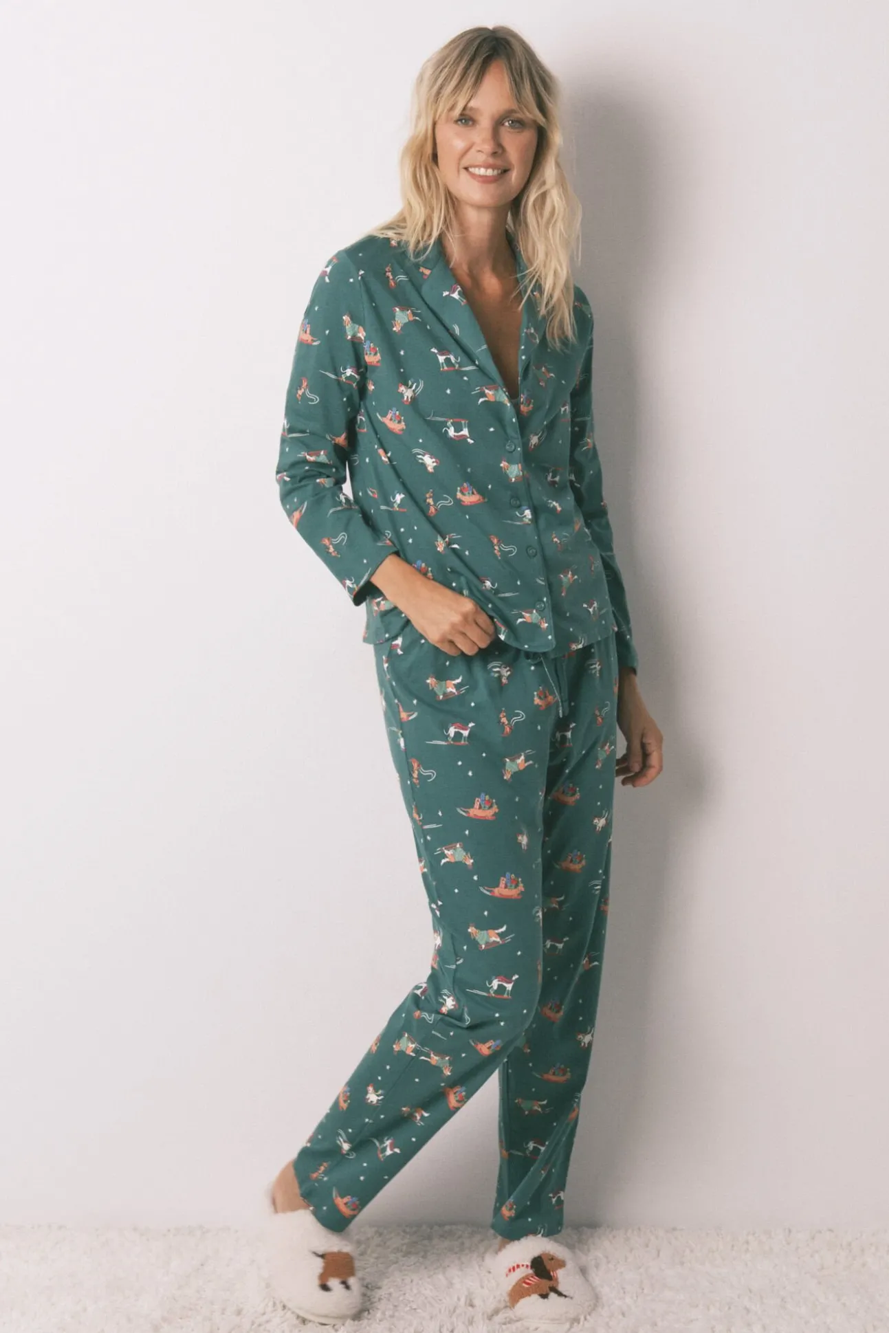 Pijama camisa com estampado com cães, 100% algodão