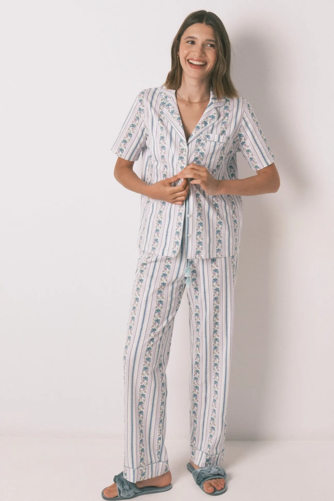 Pijama camiseiro capri riscas 100% algodão
