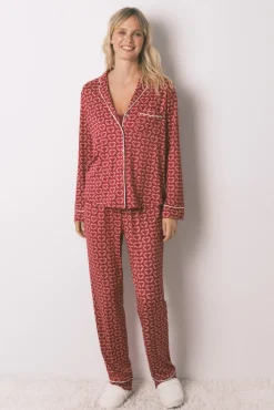 Pijama camiseiro com estampado de coração vermelho