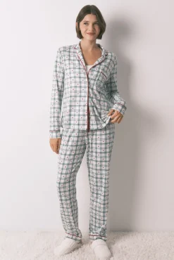 Pijama camiseiro com estampado xadrez verde