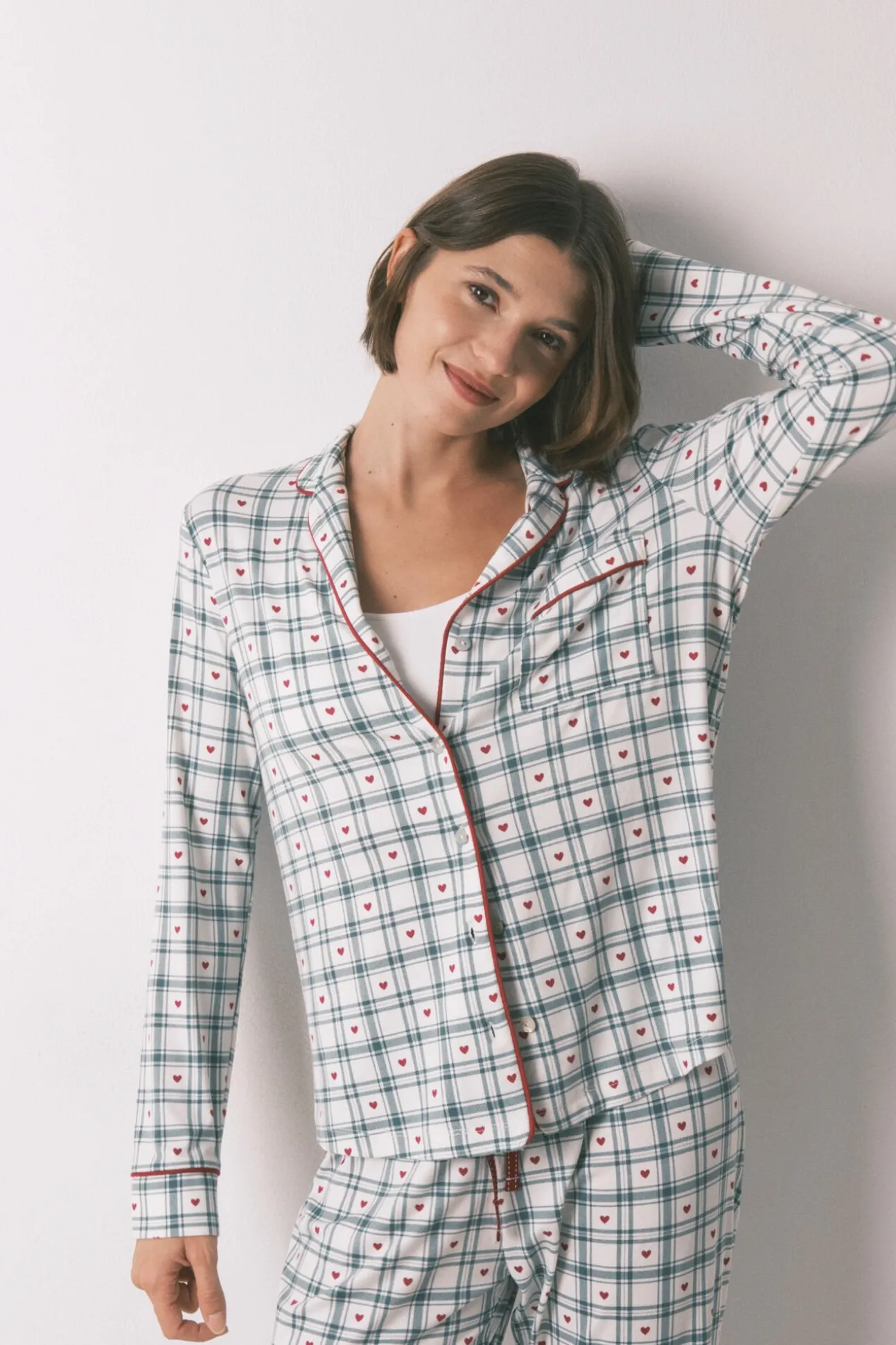Pijama camiseiro com estampado xadrez verde
