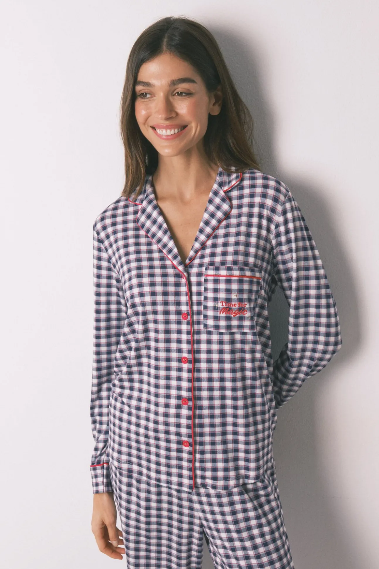 Pijama camiseiro comprido malha suave xadrez